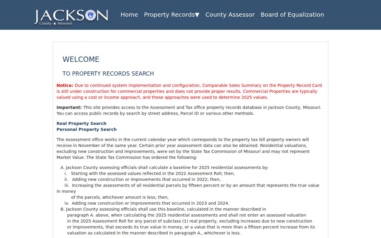 Grandview residents directory property-search screen for Jackson County assessment records